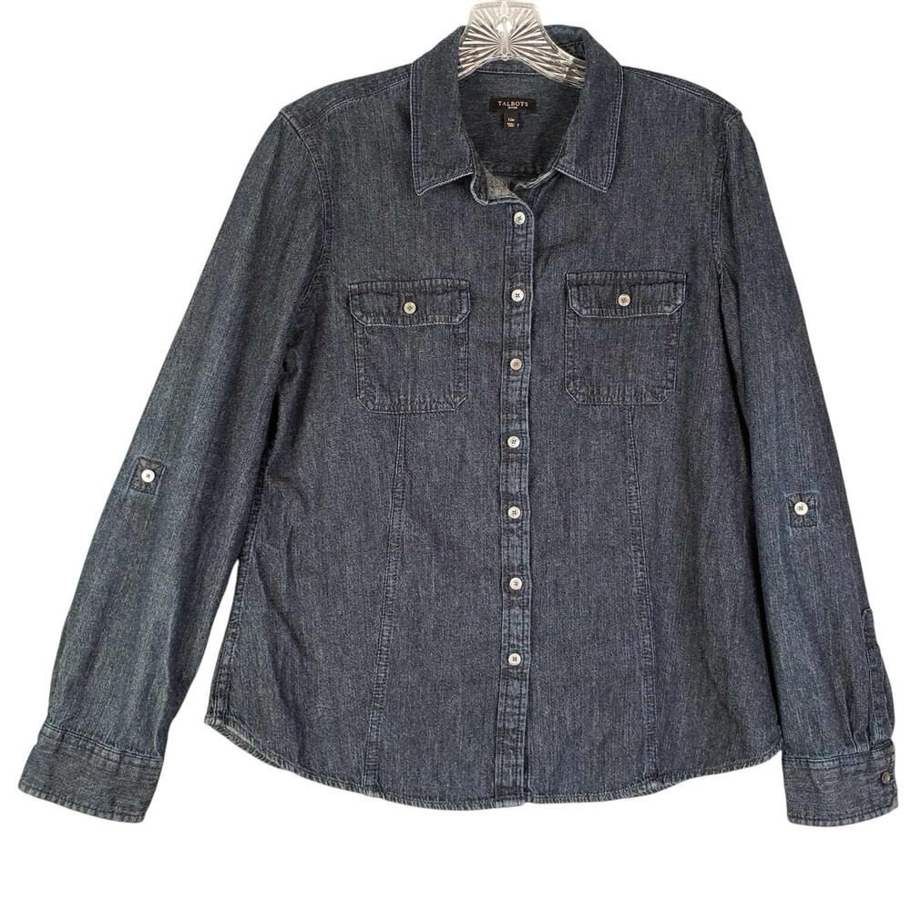 Talbots Shirt Size 12 Petite Denim Long Sleeve Button Up Pockets Chambray Cotton